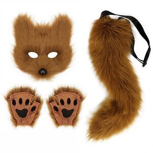 1298 Faux Fur Fox Tail Cat Wolf Set Plush Mask Fluffy Paw
